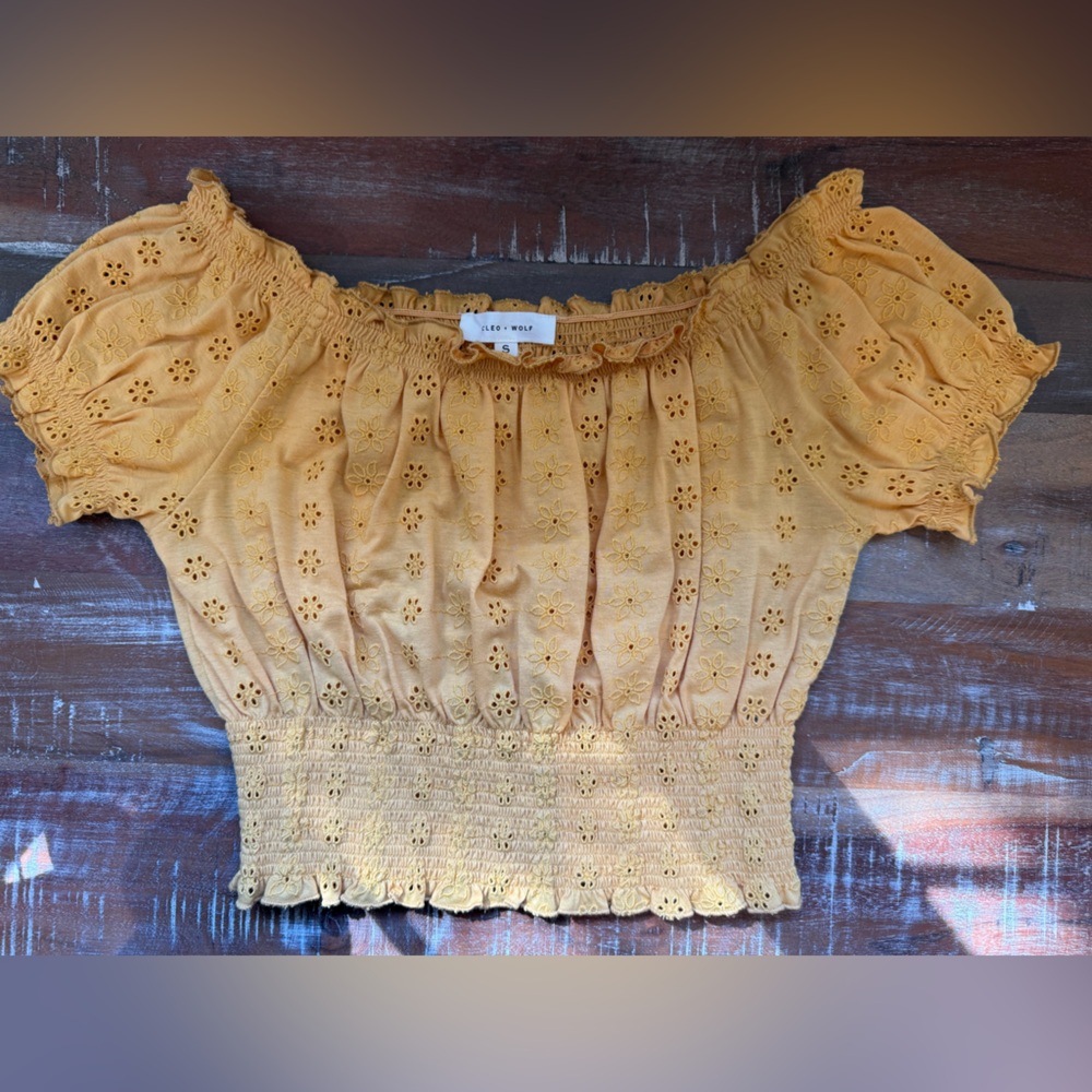 Cleo + Wolf Yellow Eyelet Off-Shoulder Top